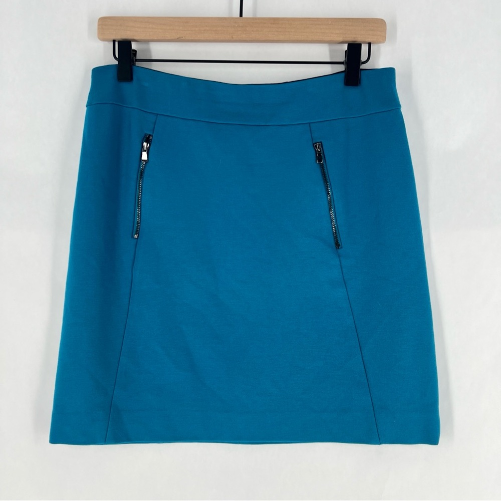 Ann Taylor Teal Zipper Pockets Stretch Ponte Knit A-Line Mini Skirt Size 4
